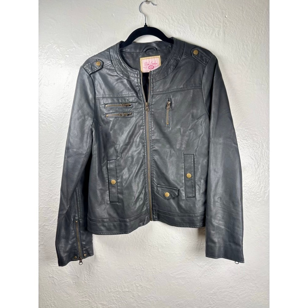 Womens Gray Faux Leather Moto‎ Biker Racer Jacket Sz L Y2K Grunge Edgy Whimsy